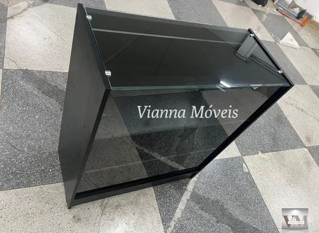 Balcão Vitrine  MDF Preto com Porta e vidro superior 