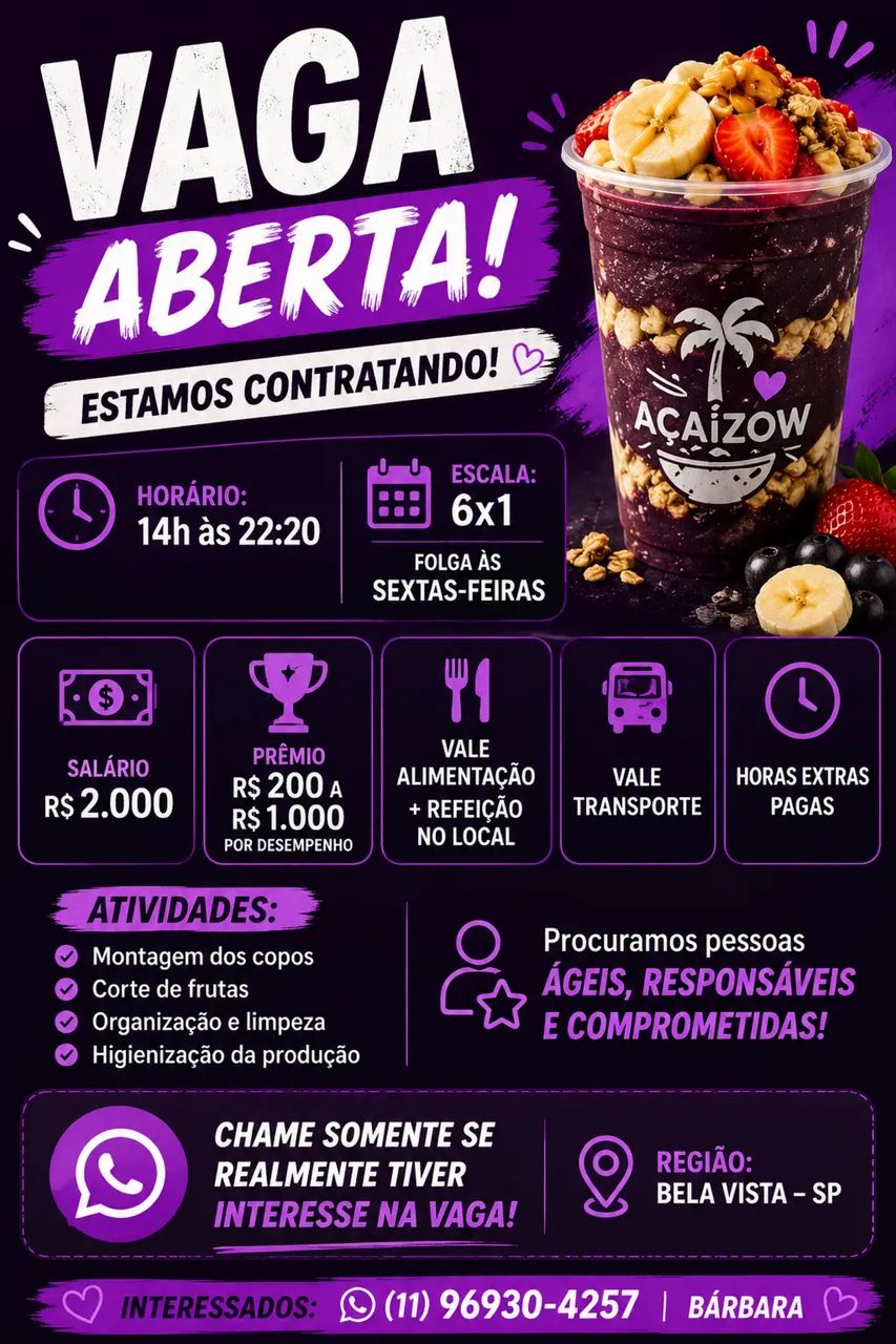 Vaga Atendimento Delivery Açaí 