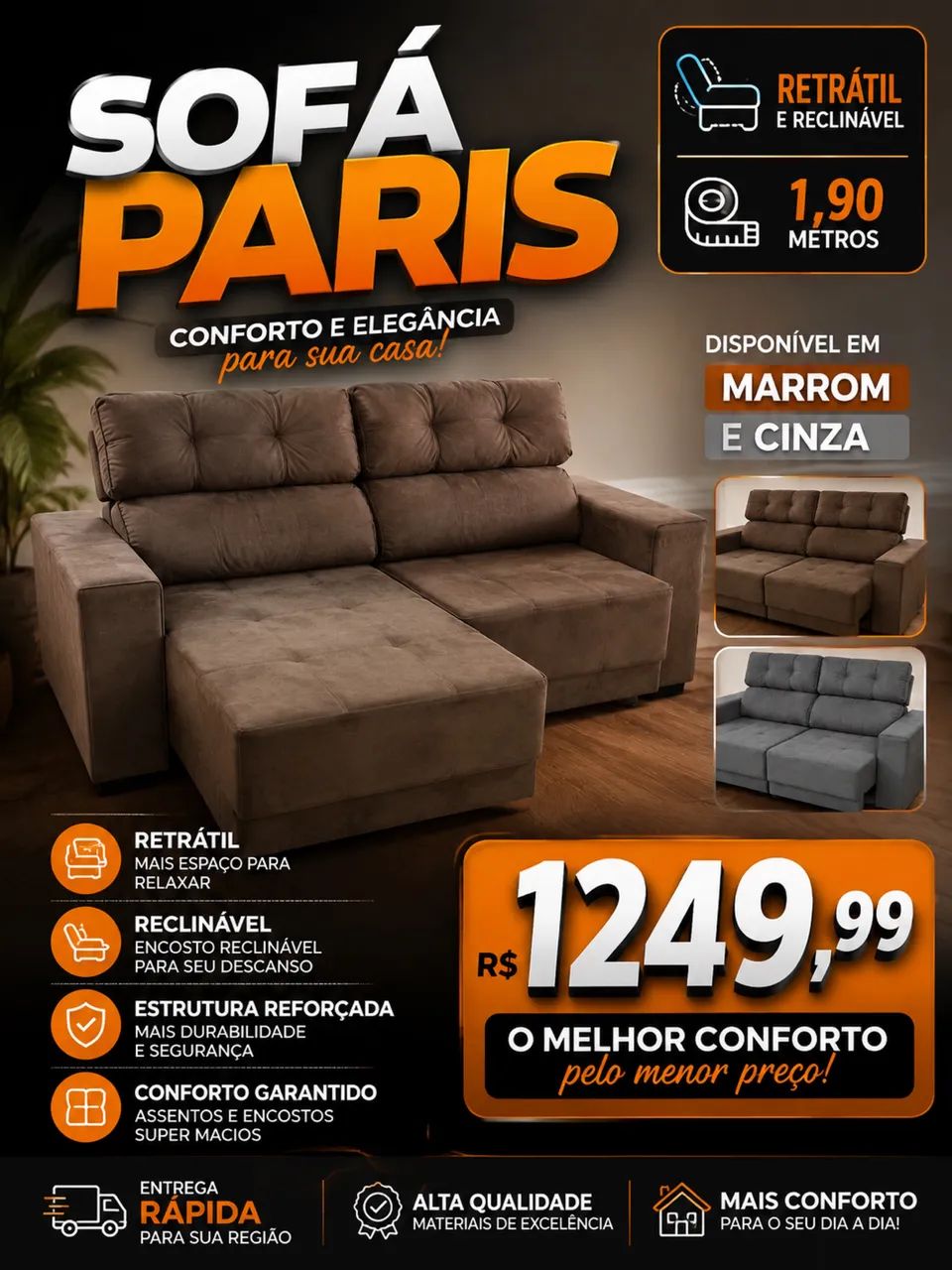 ? SOFÁ PARIS RETRÁTIL E RECLINÁVEL - R$ 1.249,99 ?