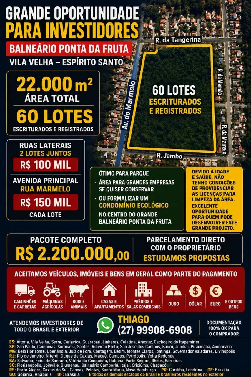60 lotes 360m2 cada, ótimo para empreendimentos e empresas, Vila Velha, E.S, parcelo troco