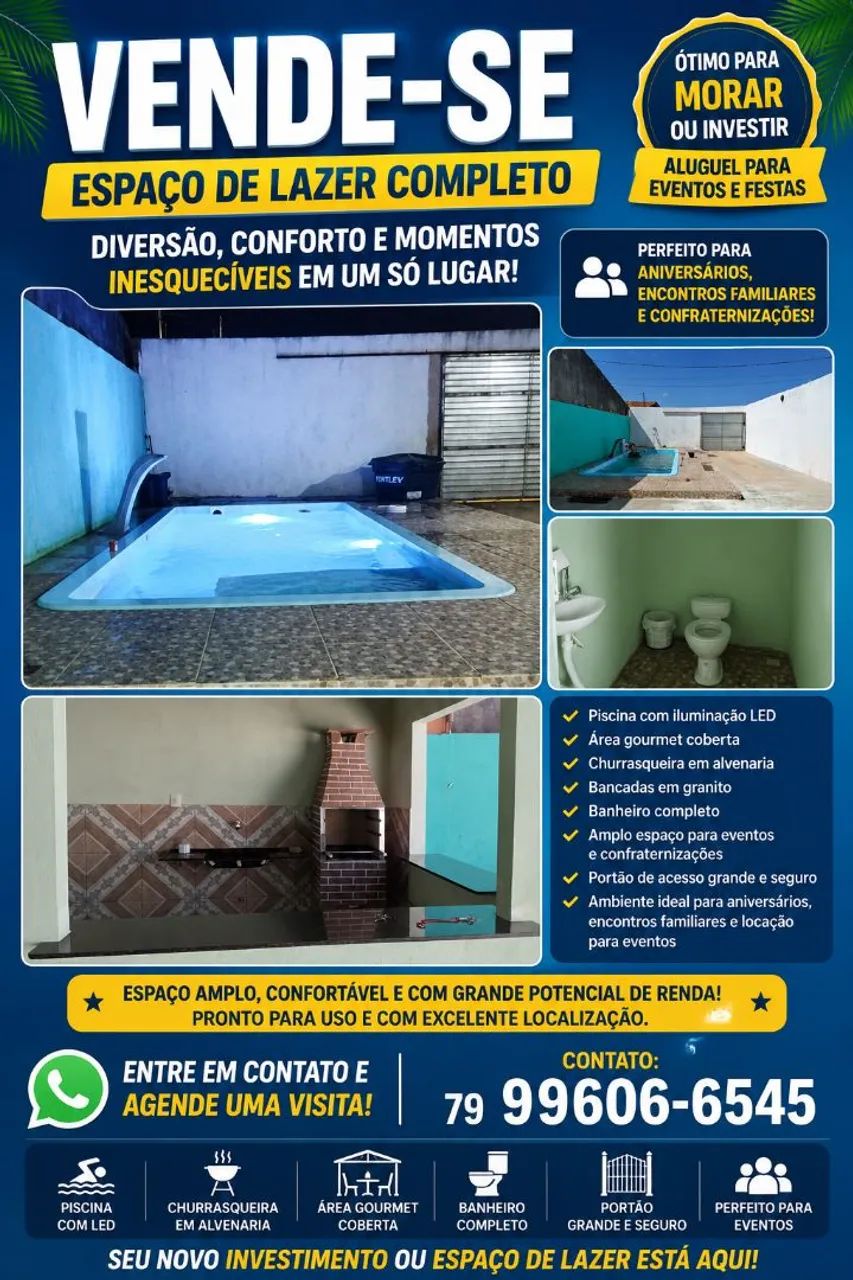 Espaço com piscina e churrasqueira 