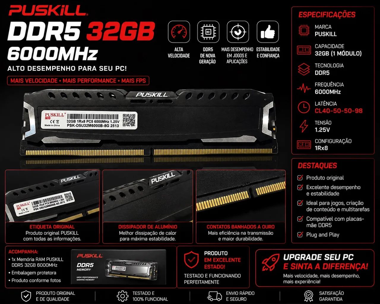 Memória RAM PUSKILL DDR5 2X16 GB 6000MHz