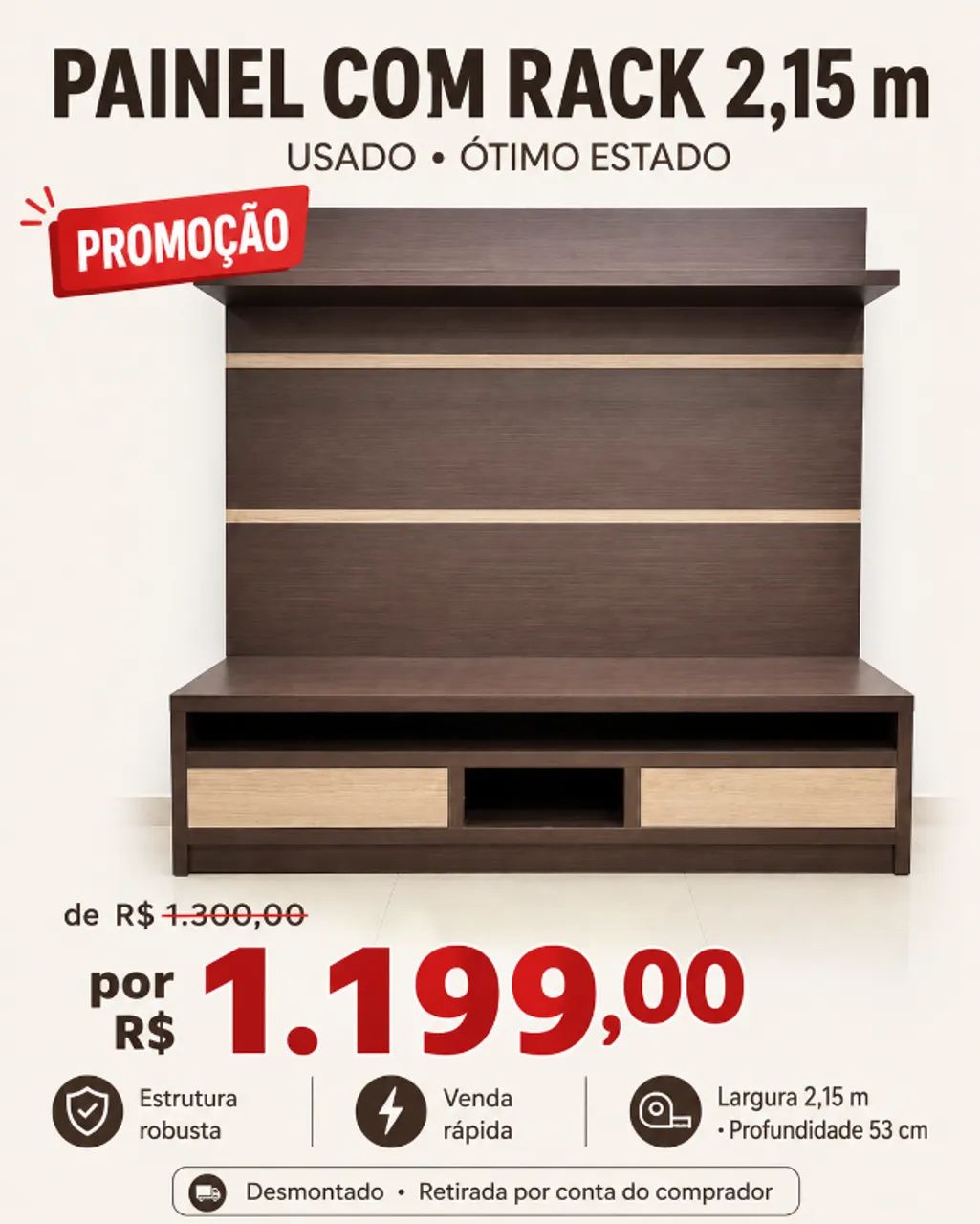 Painel com rack robusto 2,15 m ? ótimo estado - Foto 3