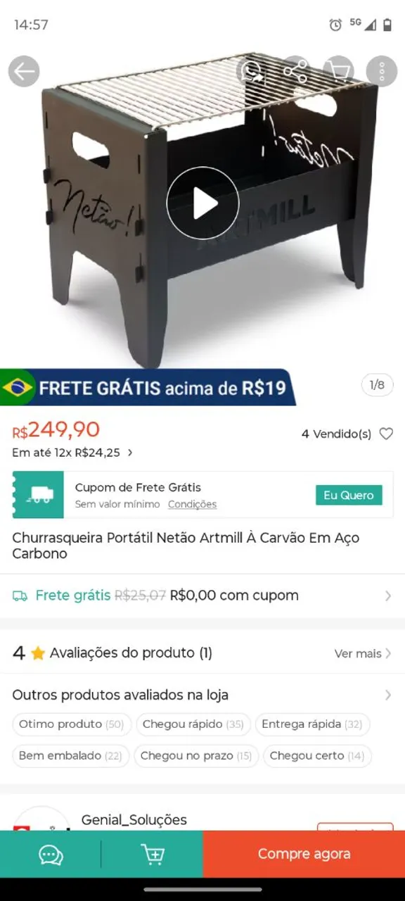Churrasqueira Portátil Netão em Aço Carbono + mesa para apoio