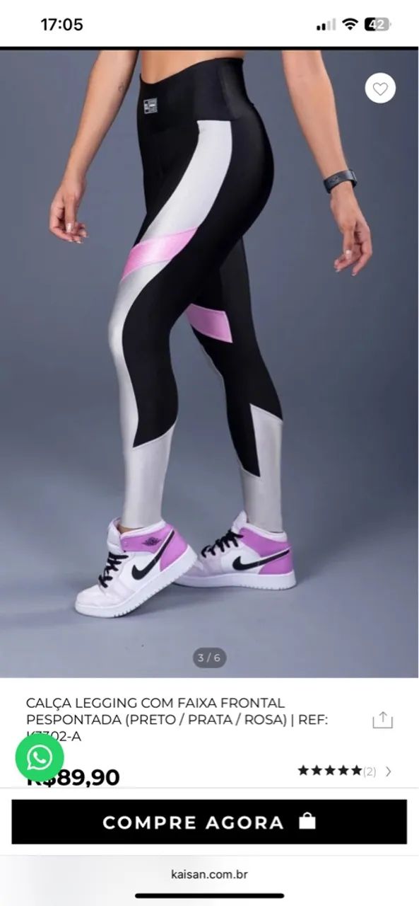 Calça Legging com Faixa Frontal - Preta/Prata/Rosa - Foto 2