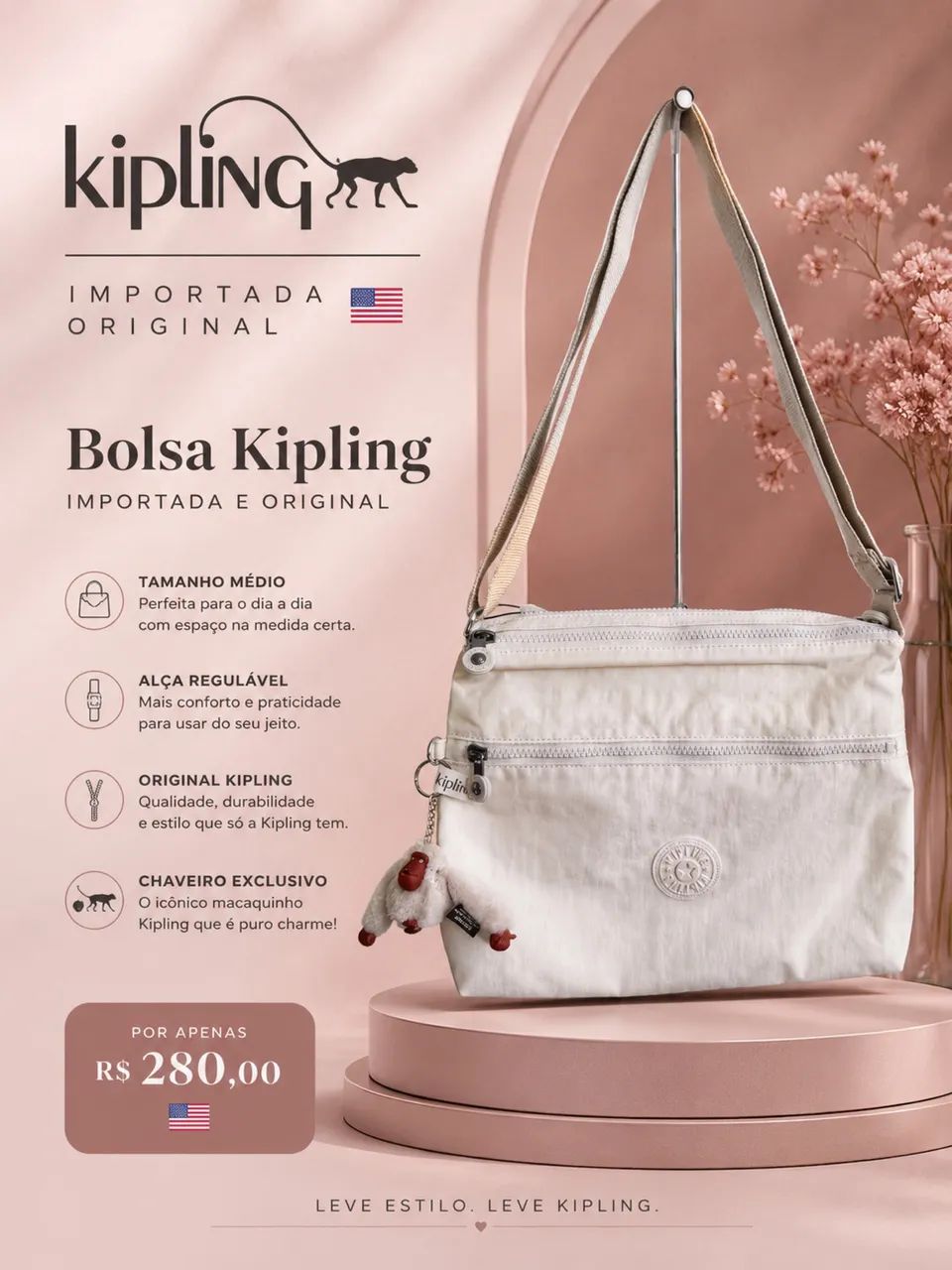 Bolsa Kipling branca média nova importada