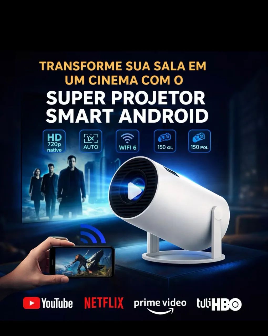 PROJETOR SMART ANDROID 4K HD 150" Wi-Fi e Bluetooth (Transforme sua sala em cinema)  - Foto 5
