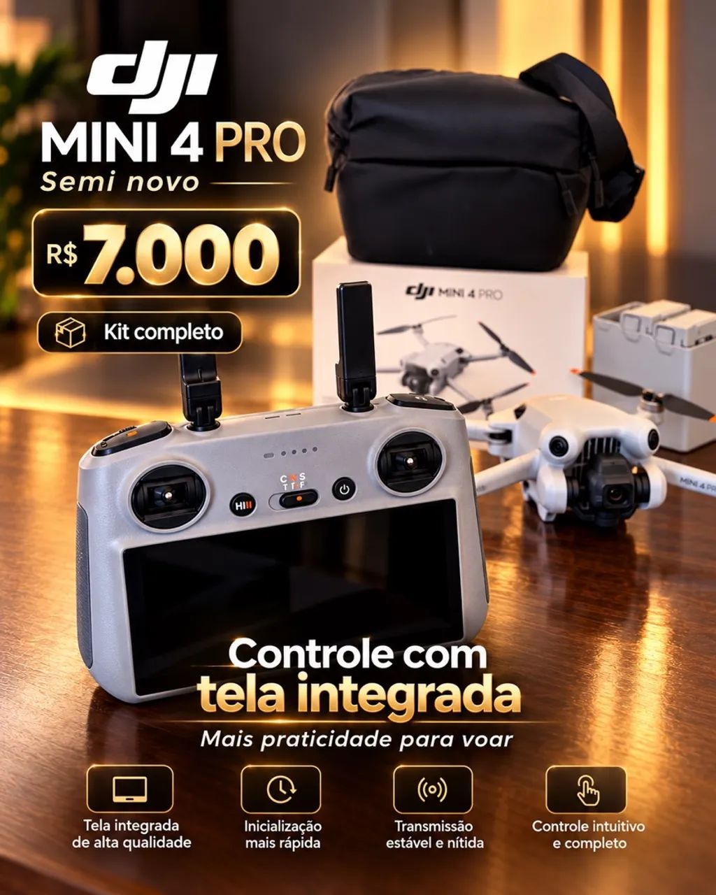 Drone DJI Mini 4 Pro 4K - Controle RC 2 com Tela + 2 Baterias Extras, Hub e Bolsa - Foto 5