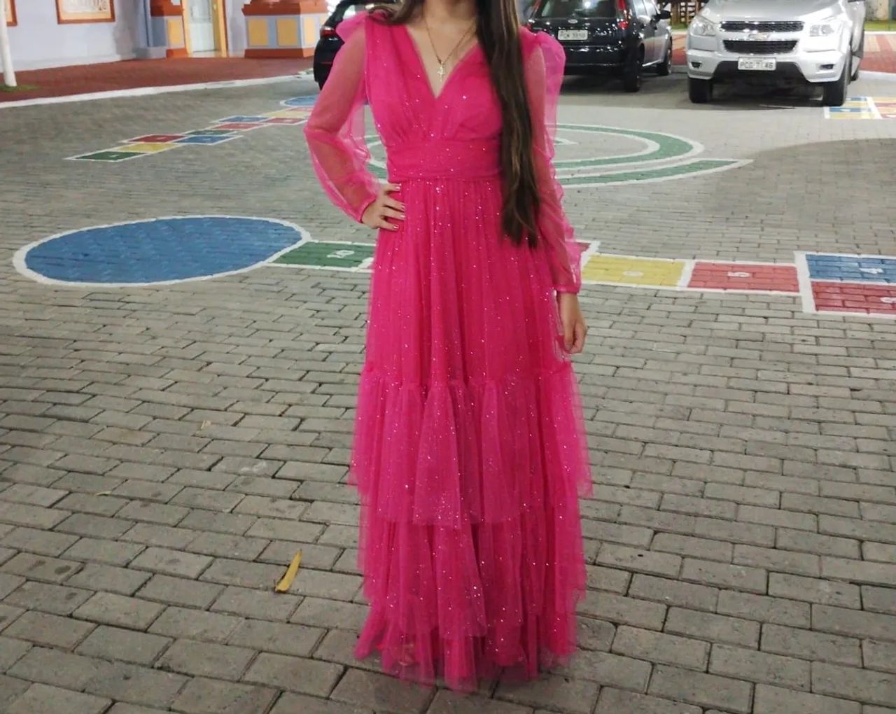 Vestido de Festa Longo Pink com Brilho | Usado 1 Vez