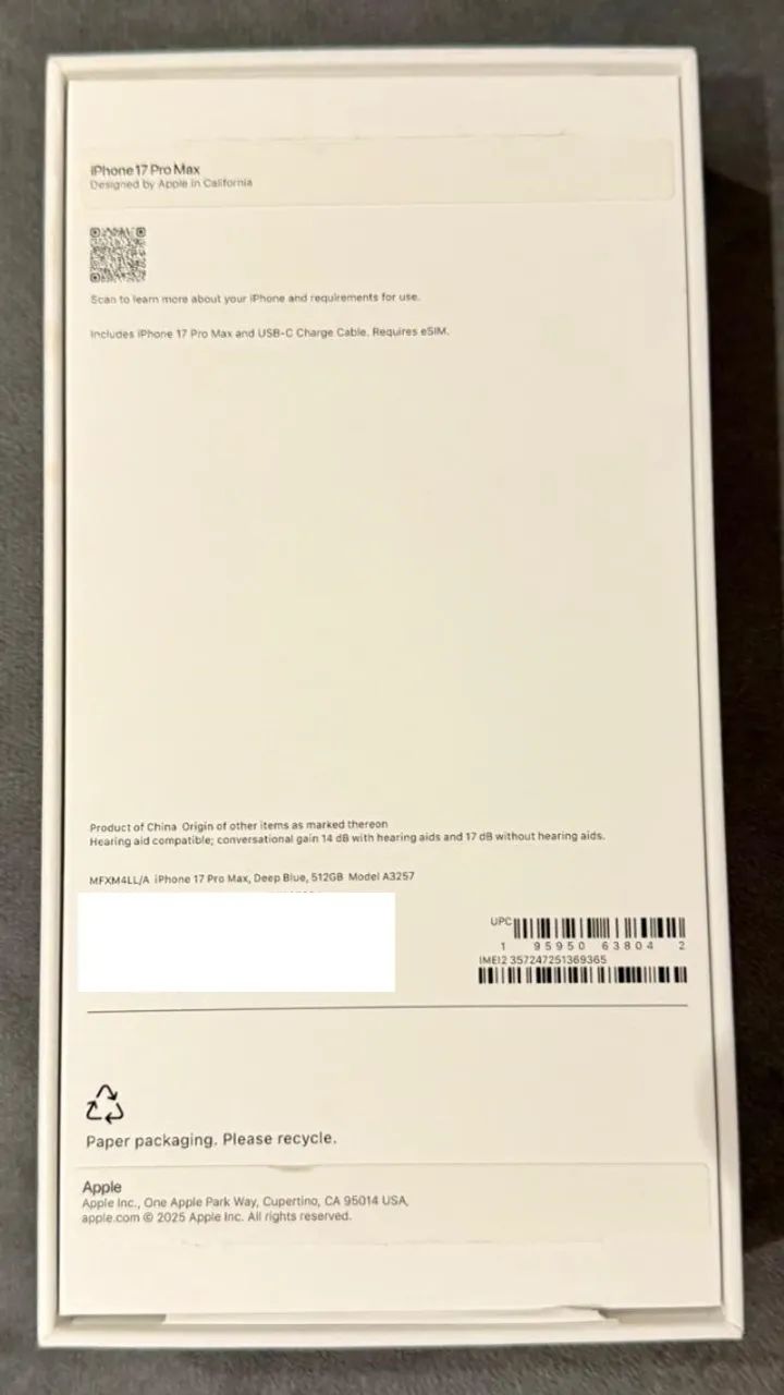 Caixa vazia do iPhone 17 Pro Max 512 GB Deep Blue Modelo A3257 / MFXM4LL/A - Foto 2