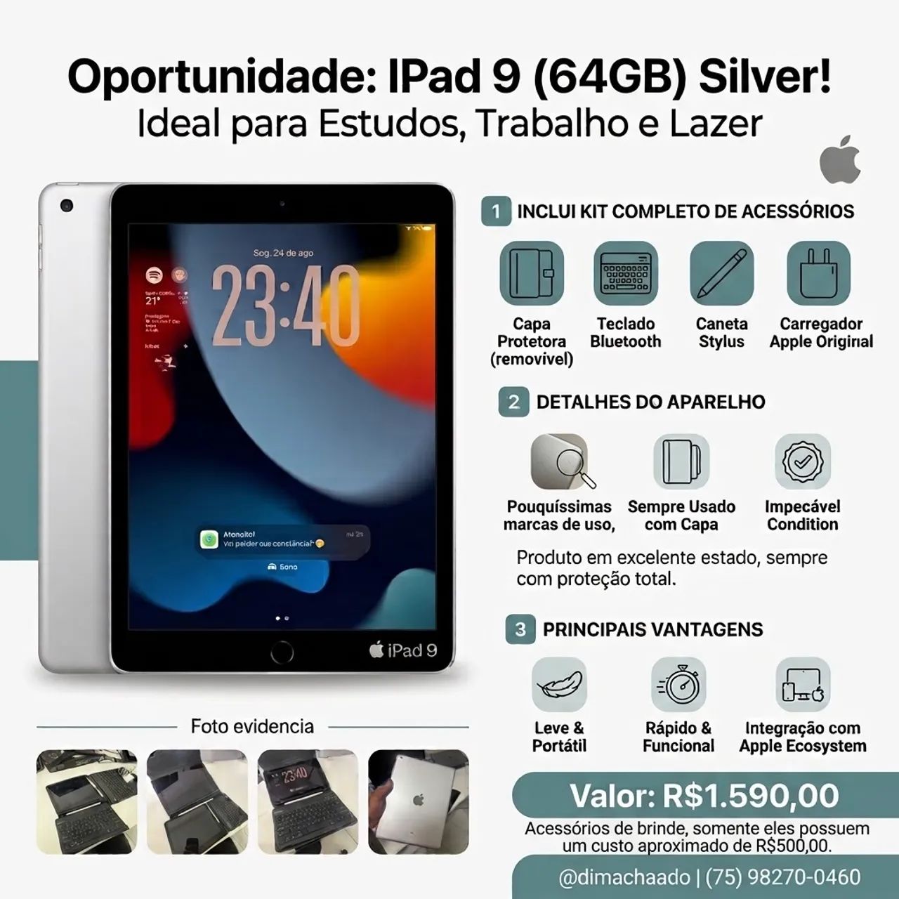 iPad 9 64Gb + Capa, teclado, caneta e carregador original