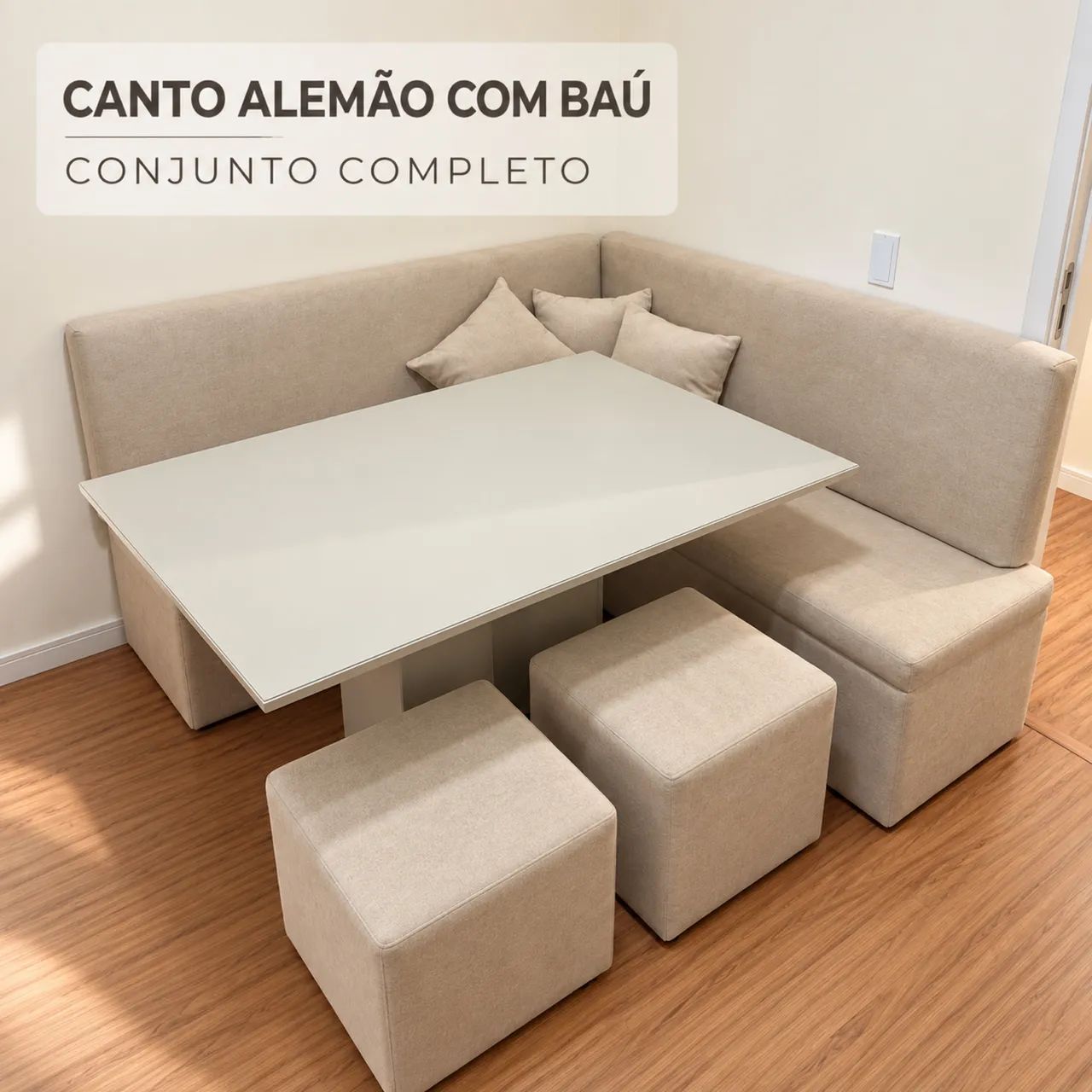 Canto Alemão com Baú + Mesa, 2 Pufes e 3 Almofadas