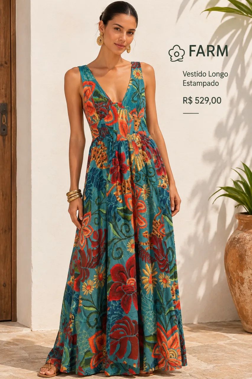 Vestido farm azul longo com decote  - Foto 4