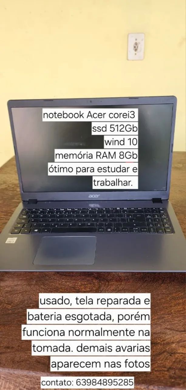 Notebook acer ssd 512gb reparado ótimo estado.