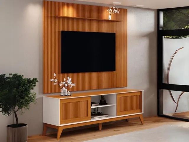 Rack Retrô com Painel Ripado  75? - Off White/Cedro l65