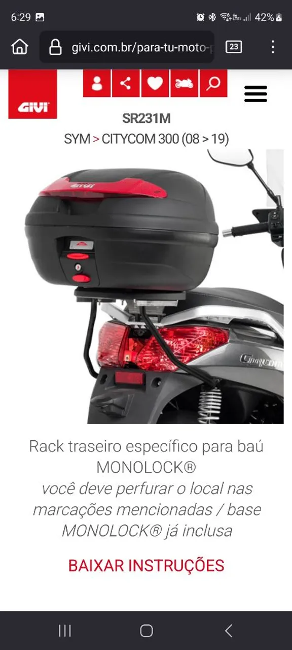 Rack Traseiro Givi SR231M para Baú Monolok Citycom 300