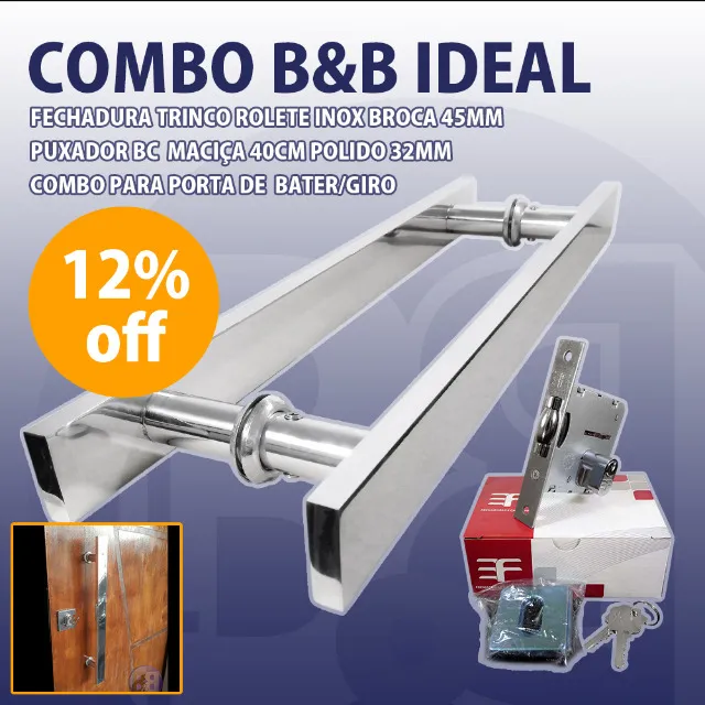 Combo - Puxador Barra Chata Maciça 40cm + Fechadura Trinco Rolete Inox Chave Comum 3F