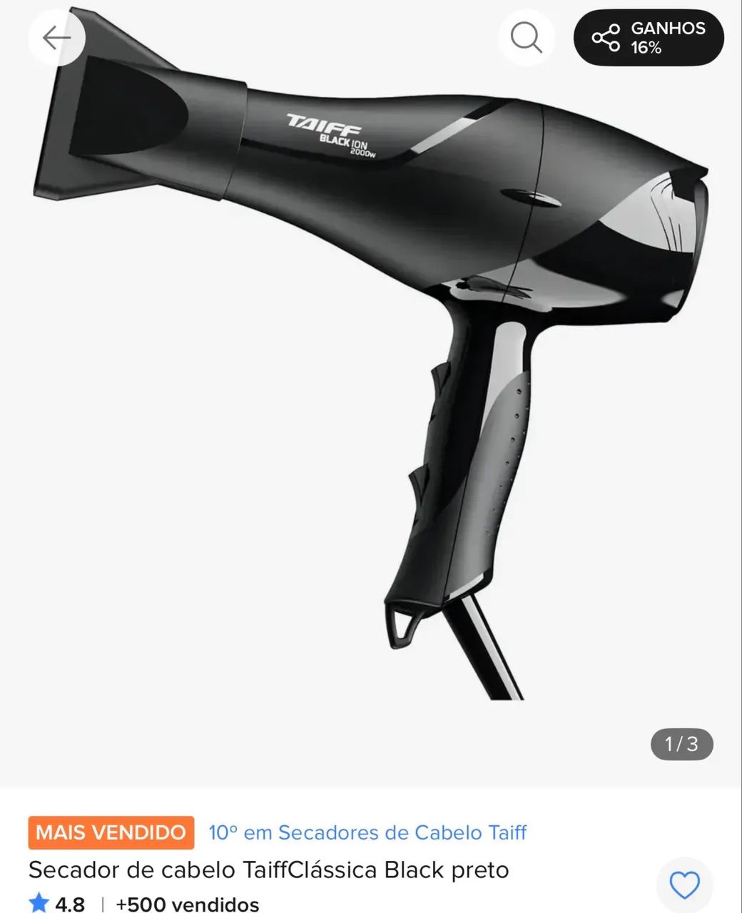 Secador TAIF black, 2000w ( sem ponteira, pouquíssima marca de uso e sem a caixa dele)