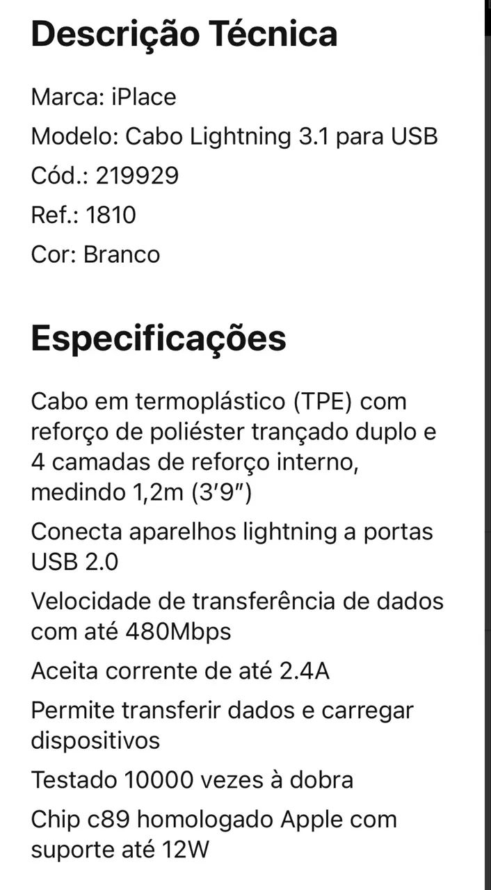 Cabo Lightning para USB, iPlace, 1,2 m, Branco - Foto 4