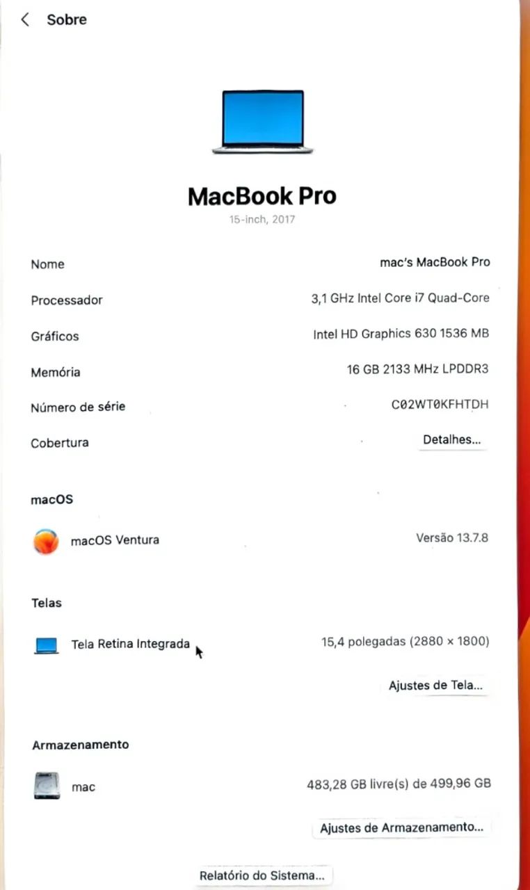 MacBook Pro 2017 i7 16gb 500gb SSD 15 polegadas Placa Vídeo 4gb - Aceito Troca - Foto 5