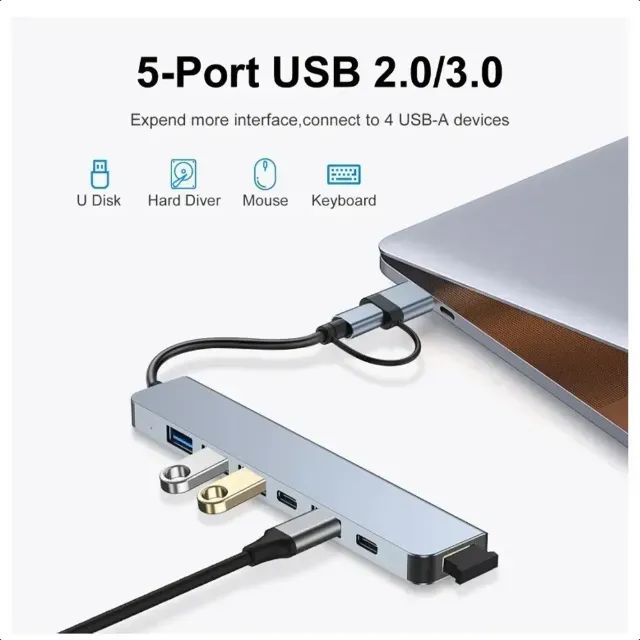 Hub Type-C 7 Em 1 USB 3.0 2.0 macOS PC Extensor Cabeça Dupla Prateado - Foto 4