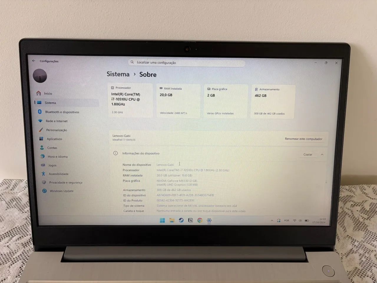 Notebook Lenovo RAM 20gb processador Intel i7 10 gen