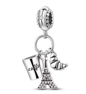 Berloque Tema Viagem Paris - Torre Eiffel, Café E Croissant (Prata 925)