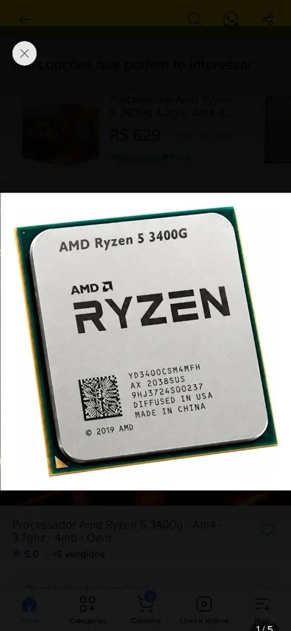 Processador AMD Ryzen 5 3400G - 4 Núcleos / 8 Threads