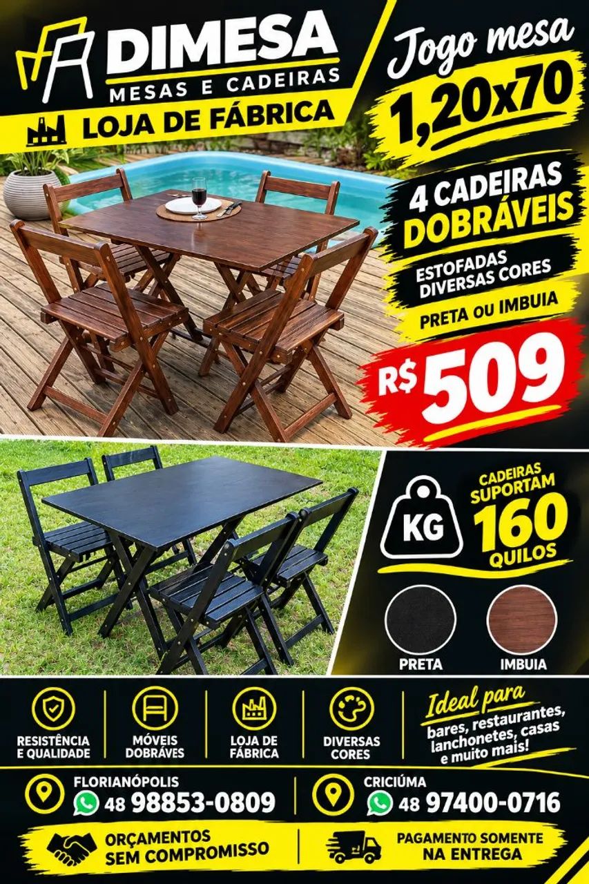 Mesa retangular 1,20x70 com 4 cadeiras dobráveis 