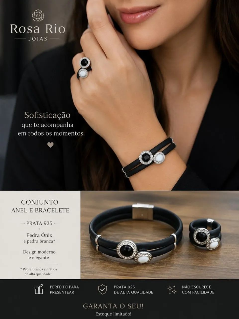 Conjunto prata 925 Rosa Rio | anel + pulseira ônix elegante