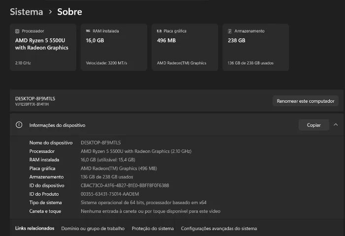 Notebook VAIO Ryzen 5 5500U | 16GB RAM | SSD 256GB