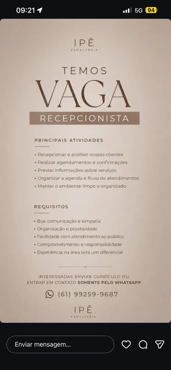 vaga de recepcionista