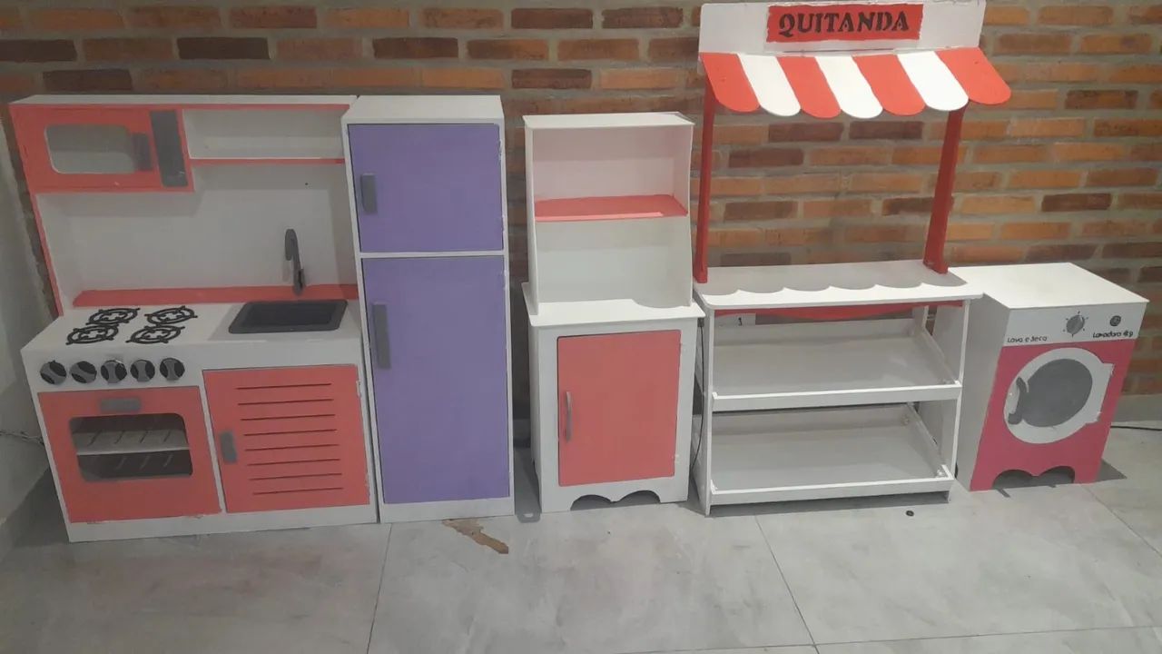 Kit de Brinquedos Infantis em MDF - Cozinha, Quitanda e Lavanderia
