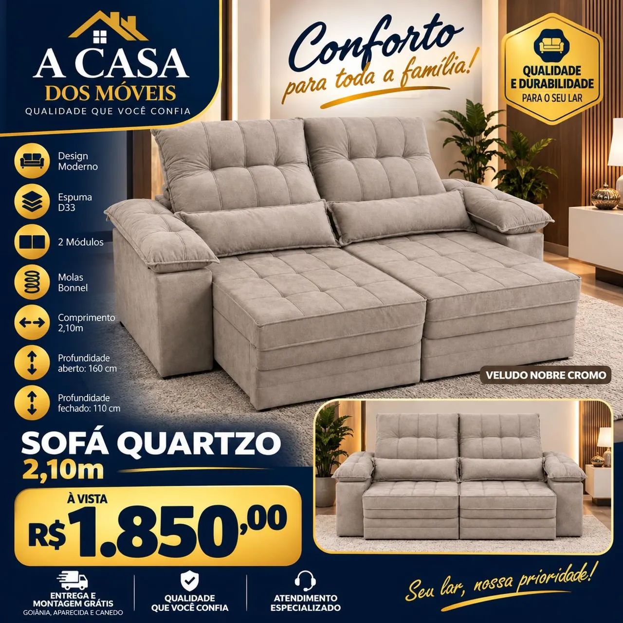 Sofá Retrátil Quartzo 2.10m