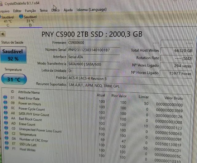 SSD CS900 2Tb PNY (Usado, funcionando perfeitamente e saúde em 92%) - Foto 4
