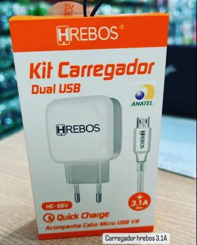 Kit carregador Tomada Dual Usb + cabo Micro Usb V8 Hrebos HS-66V