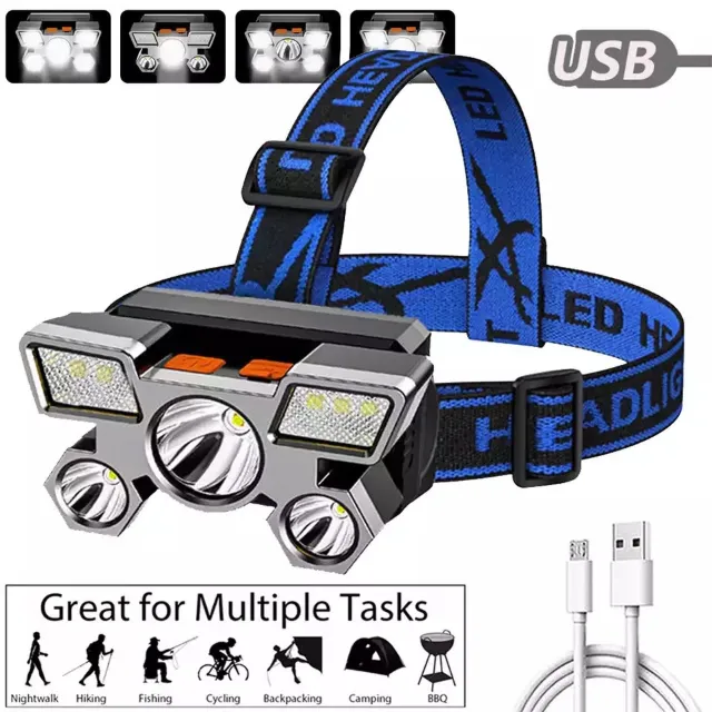 Lanterna De Cabeça Holofote 5 LED Super Brilhante USB À Prova D'água Recarregável