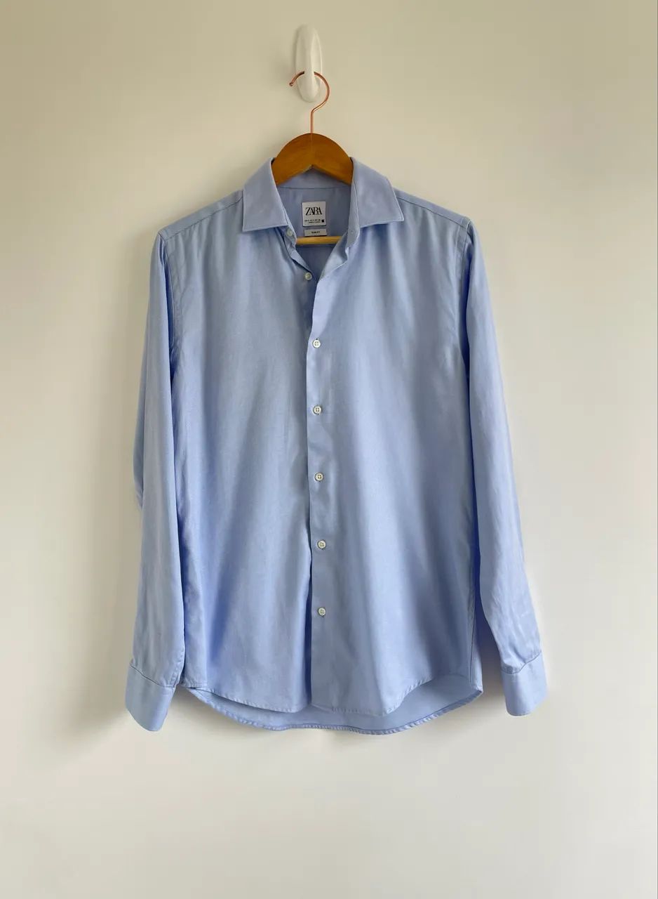 Camisa masculina P azul claro manga longa Zara  - Foto 4