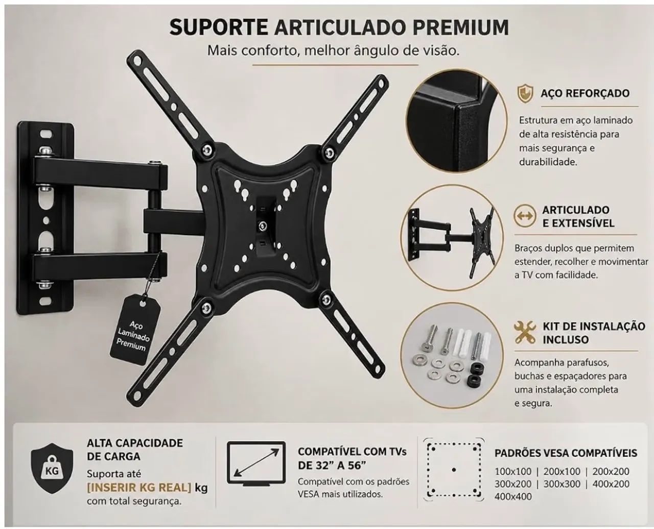Suporte Articulado de Parede para TV 32 a 56 Polegadas em Aço  - Foto 4