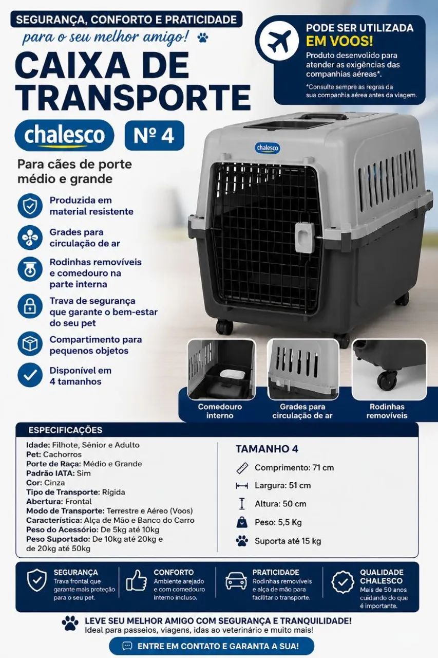 Caixa de Transporte Chalesco Nº 4 - Aprovada no Padrão IATA | Ideal para Viagens e Voos