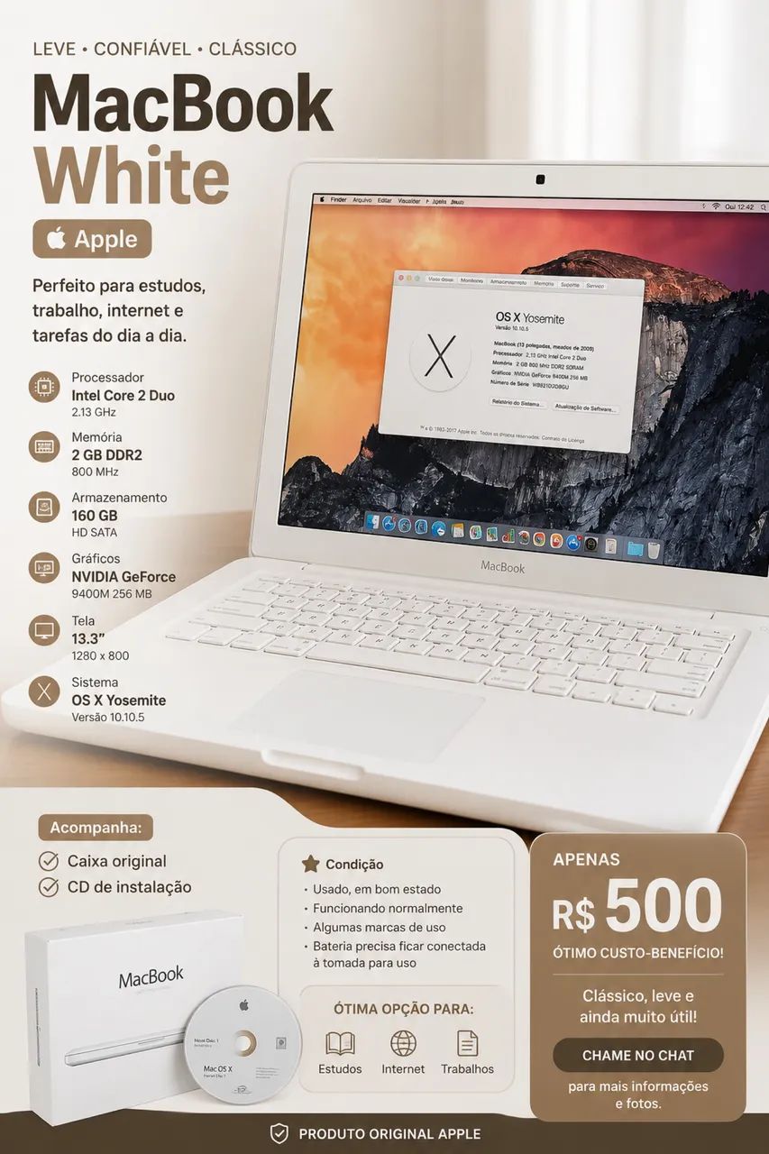 MacBook White 13? 2009 Core 2 Duo 160GB + Caixa Original