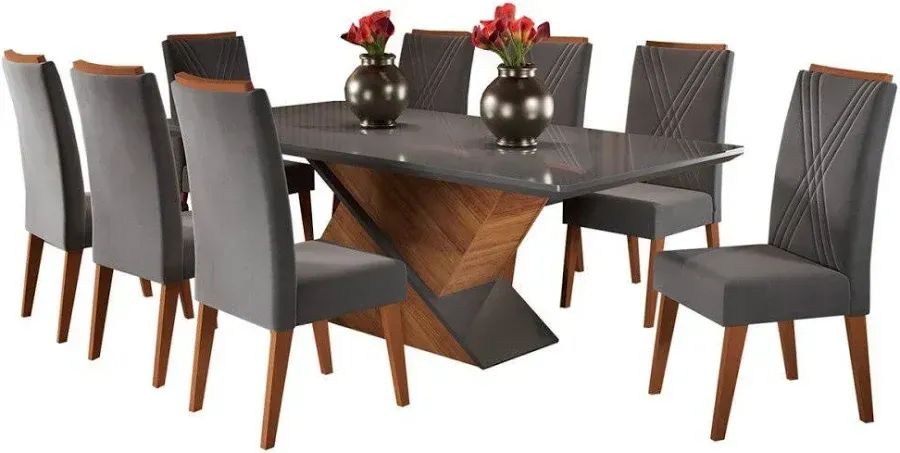 Mesa de Jantar Moderna com Tampo de Vidro e 8 Cadeiras Cinza