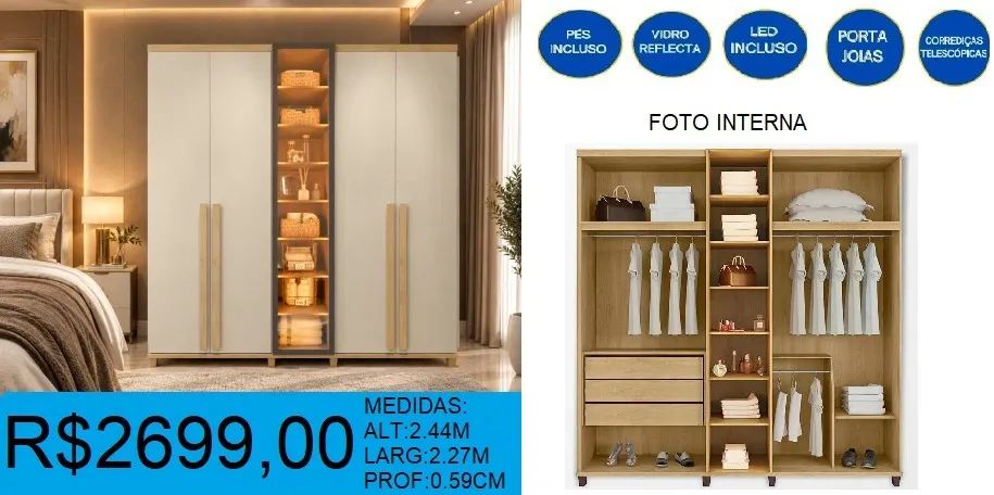 Roupeiro com led e vidro reflecta - à pronta entrega e frete grátis - Foto 2