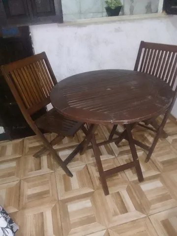 Conjunto De Mesa E 04 Cadeiras Dobrável Em Madeira Teca Acabamento Natural  Com Assento E Encosto Em Plástico Marrom Tramontina Potenza