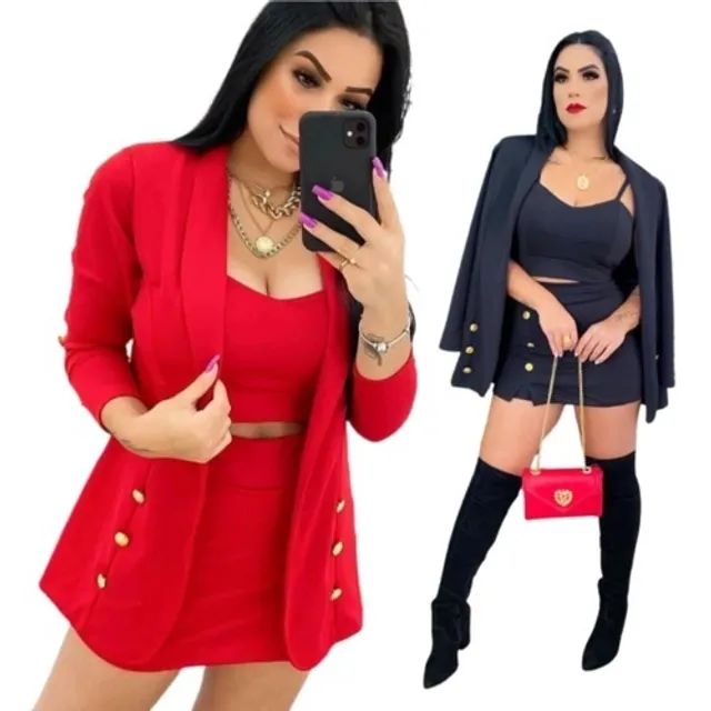 Conjunto Social Feminino Saia e Blazer Xadrez - Atacado Goiânia.