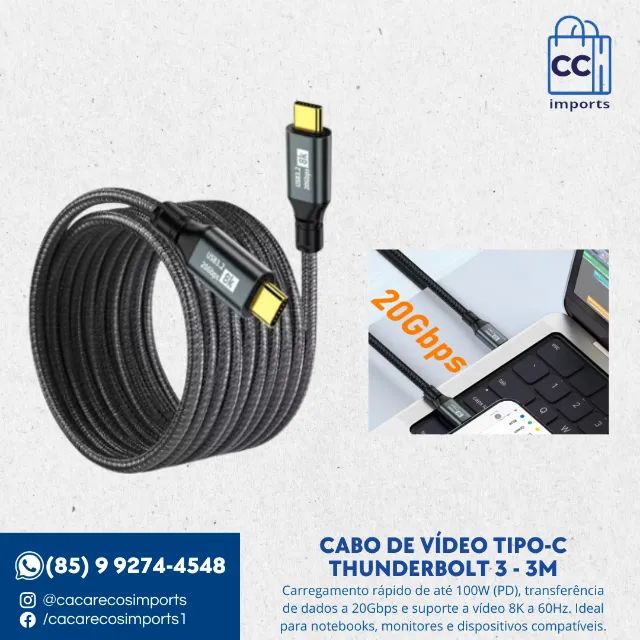  Cabo de Video Tipo-C Thunderbolt 3 - 100W PD, 20Gbps, 8K a 60Hz - 3m
