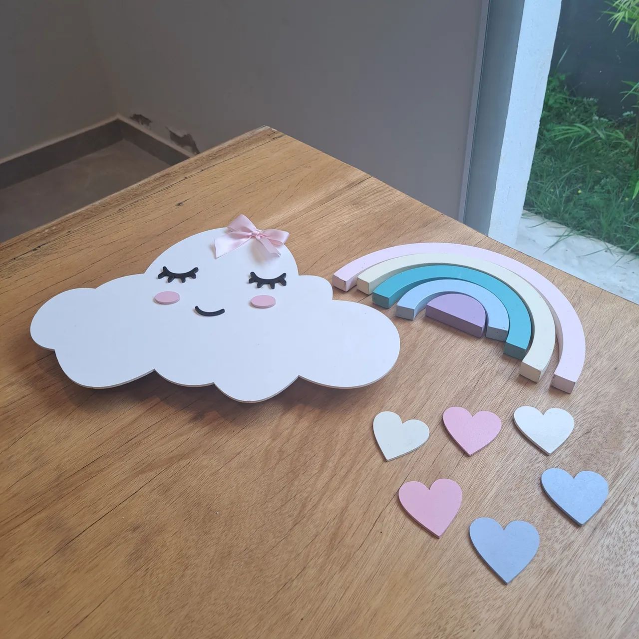 Kit Decorativo luminária led Nuvem, Arco-Íris e Corações