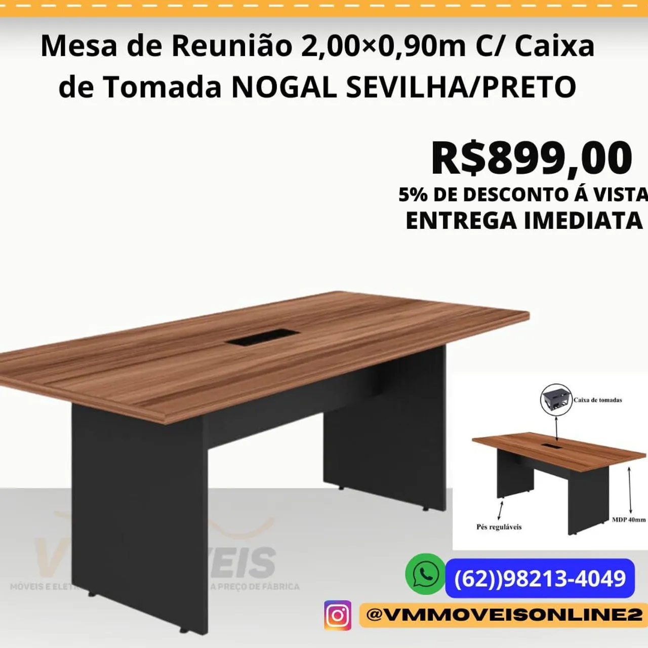 Mesa de Reunião 2,00x0,90m C/ Caixa de Tomada NOGAL SEVILHA/PRETO