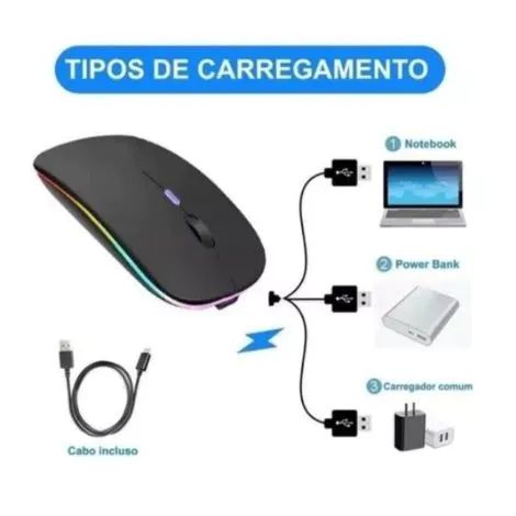 Mouse Sem Fio Wireless Com Bateria Interna Recarregável 2,4 ghz Led RGB - Foto 3