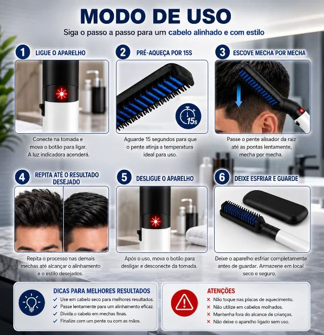 Pente Alisador de Cabelo e Barba Masculino Elétrico Bivolt Profissional Anti Frizz - Foto 6
